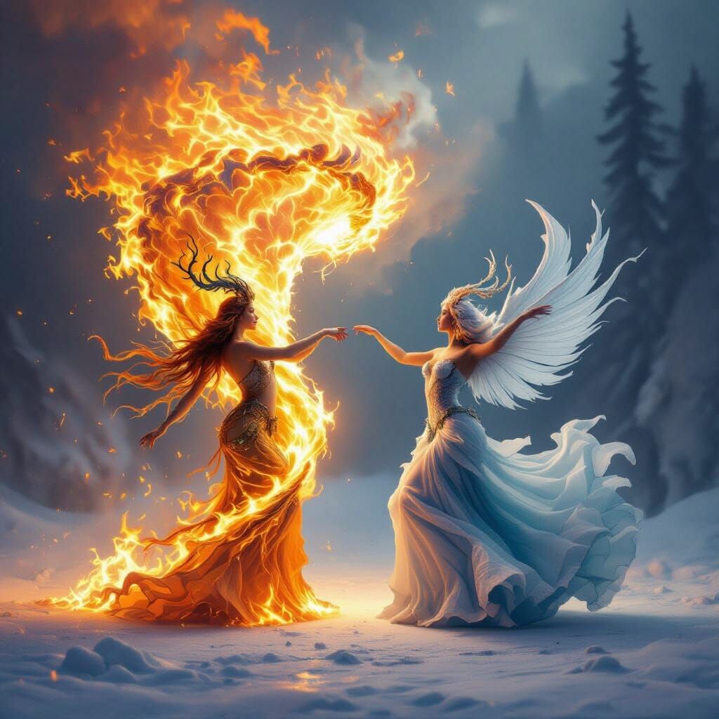 Dancing Mythical Creatures Form Tornado of Fire and Ice