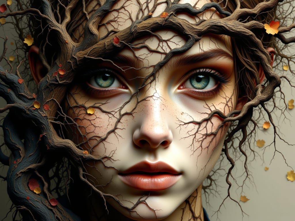 Woman With Tree Leaves Hair, Detailed Portrait