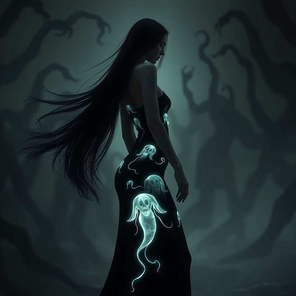 Ethereal Woman in Ghostly Gown, Surreal Art