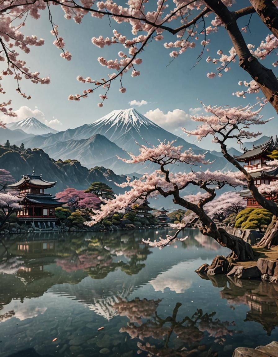 Ancient Sakura Tree by Lake with Japanese Temples