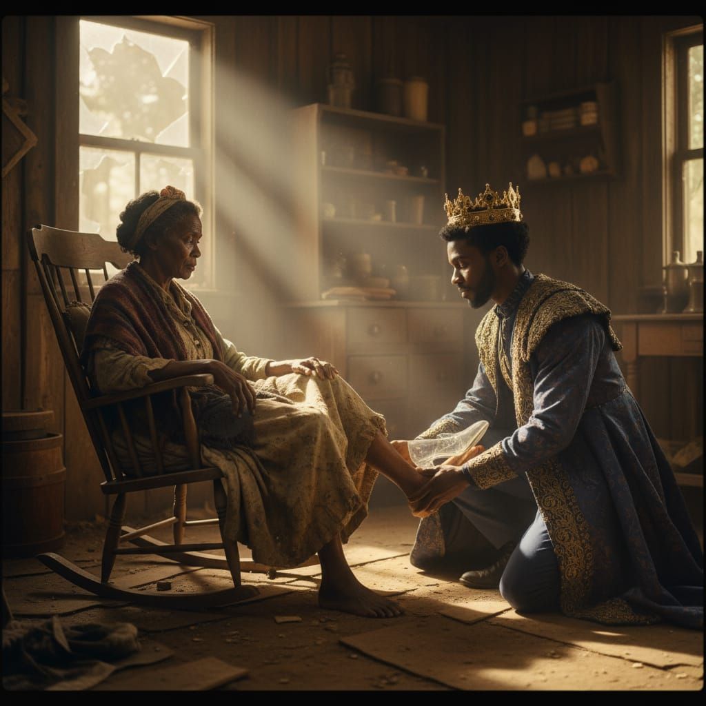 Prince Slips Glass Slipper Onto Aged Woman's Foot