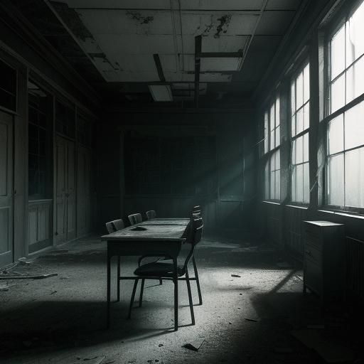 Spooky Abandoned School Interior with Young Girl