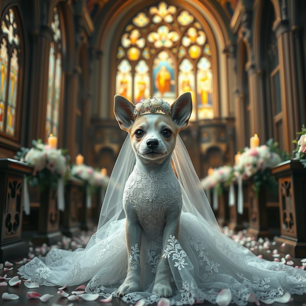 Whimsical Canine Bride in Baroque-Inspired Chapel