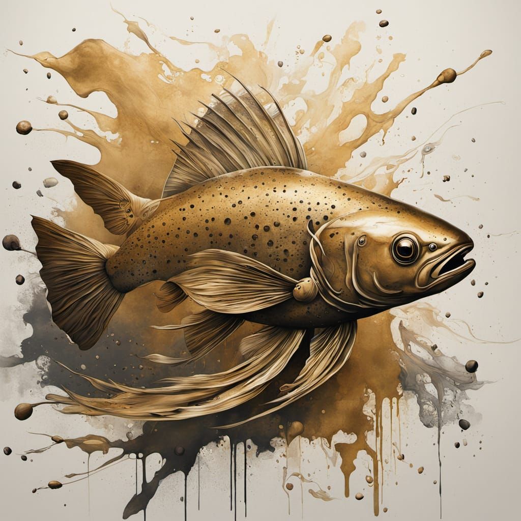 Surreal Bronze and Gold Trout Painting