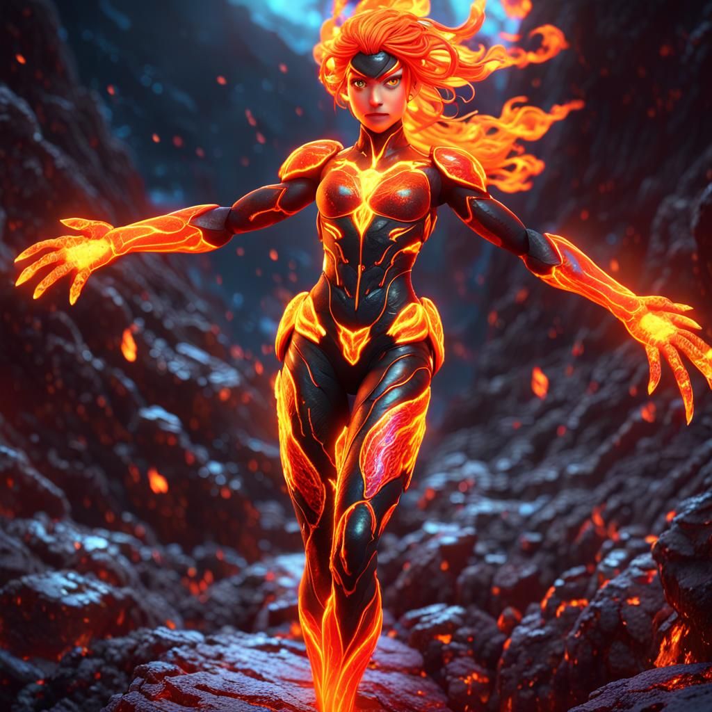 Magma Superheroine in Dynamic 3D Anime Style