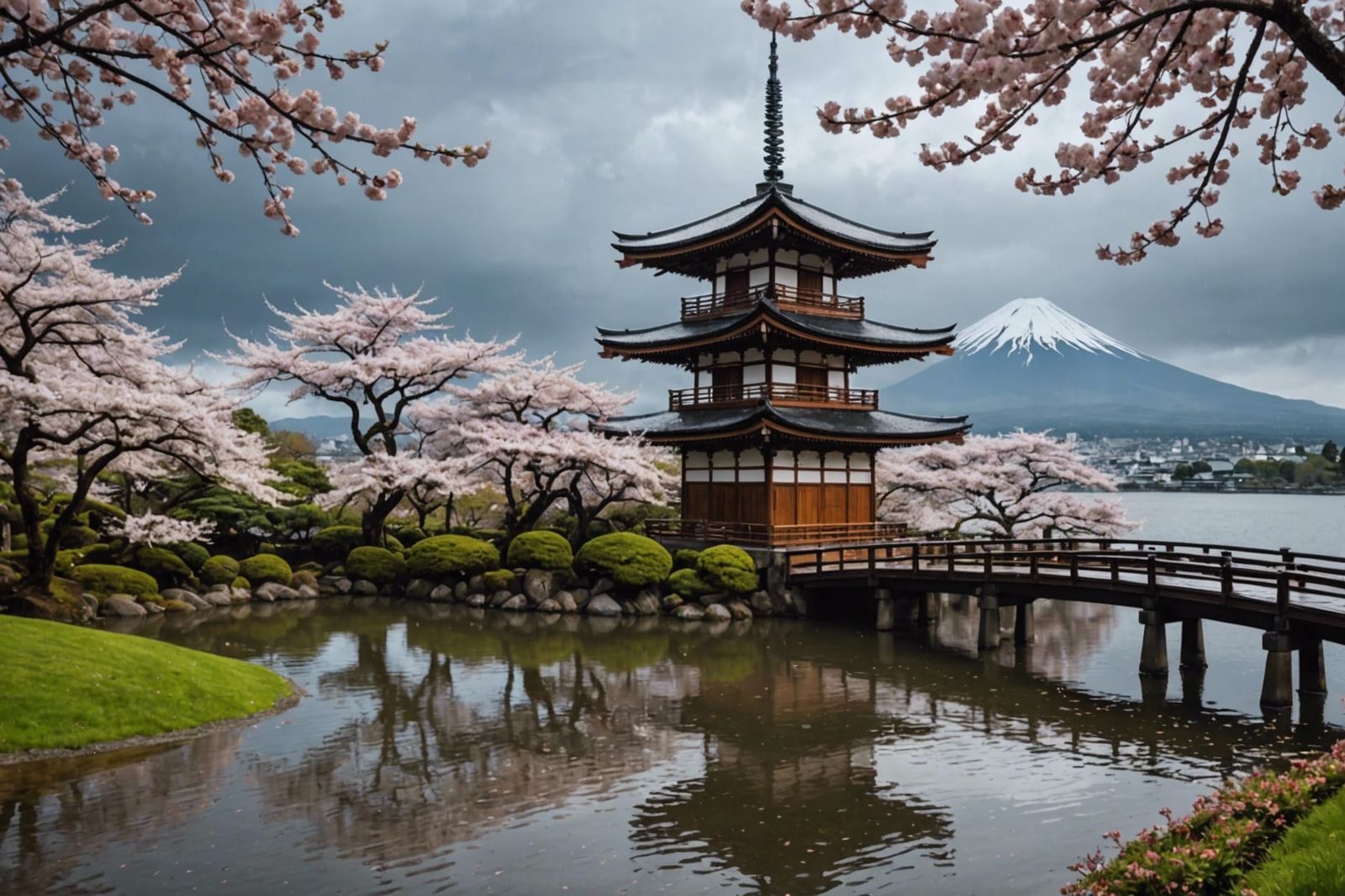 Rainy Japanese Pagoda with Mount Fuji, Photorealistic Style