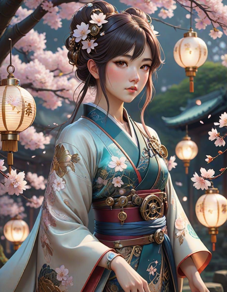 Mystical Dragon Maiden in Steampunk Cherry Blossom Garden