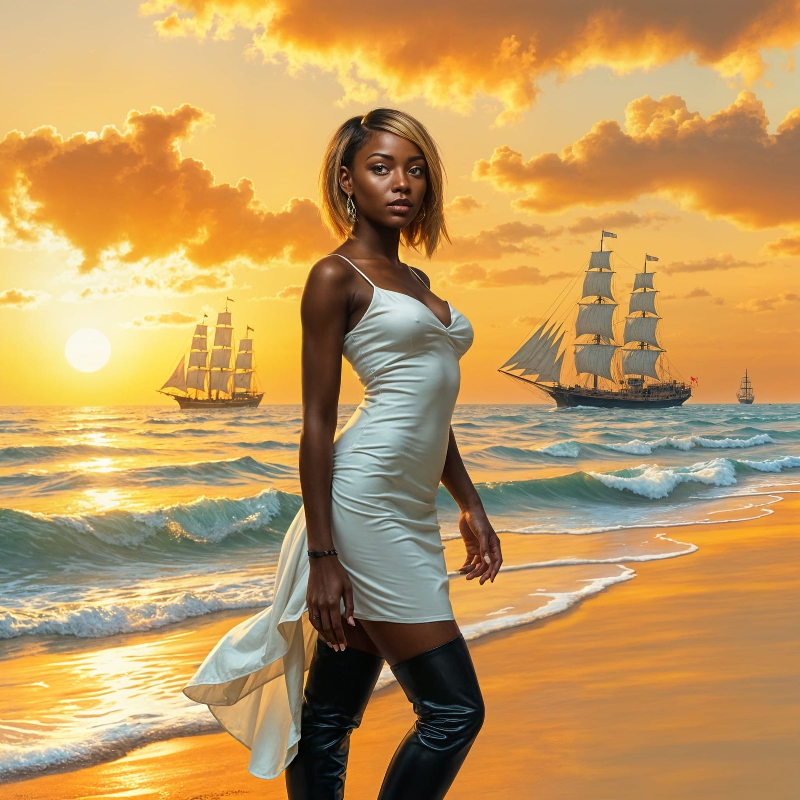 Ebony Woman in White Dress, Impressionism Style