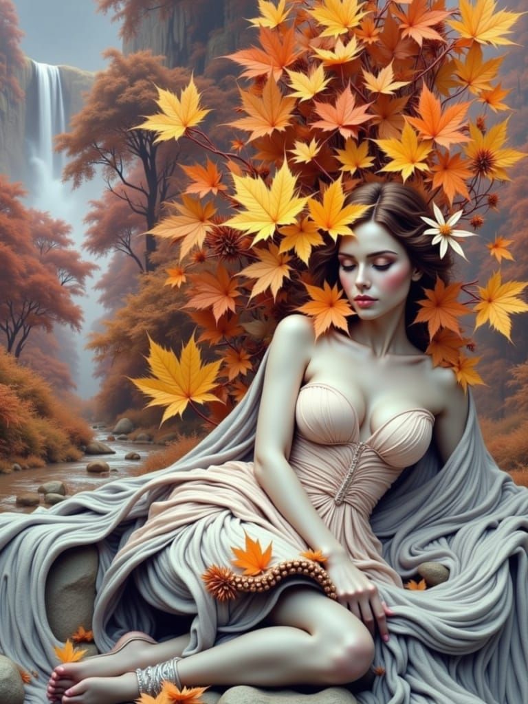 Autumn Goddess in Golden Leaves Amidst Ancient Rocks