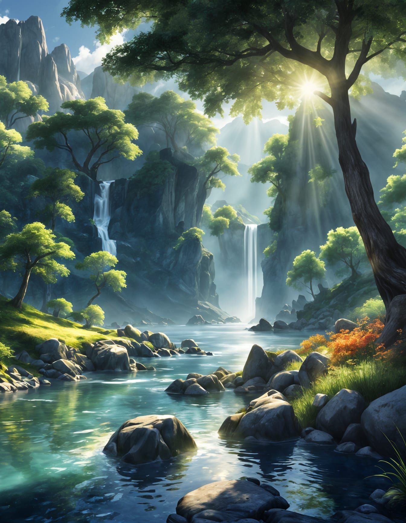 Serene Landscape Painting with Sunshine Rays