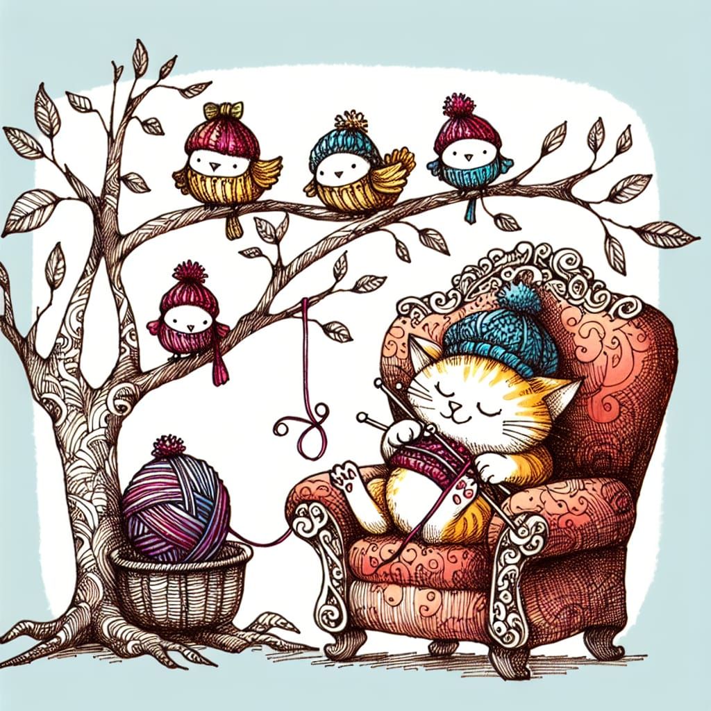 Cat Knitting Hats for Birds: Whimsical Filigree Illustration