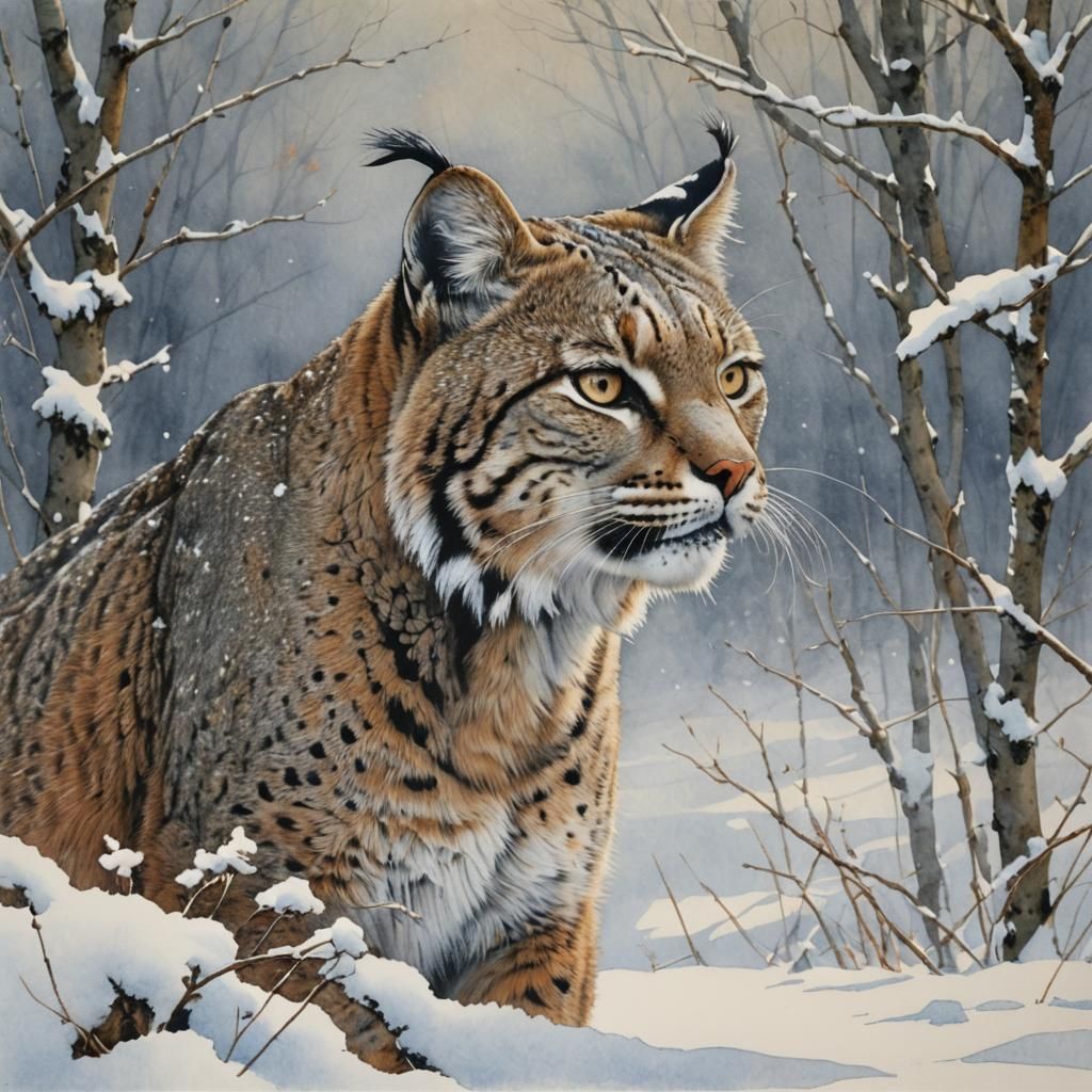 Bobcat in Snow: Watercolour Wildlife Painting