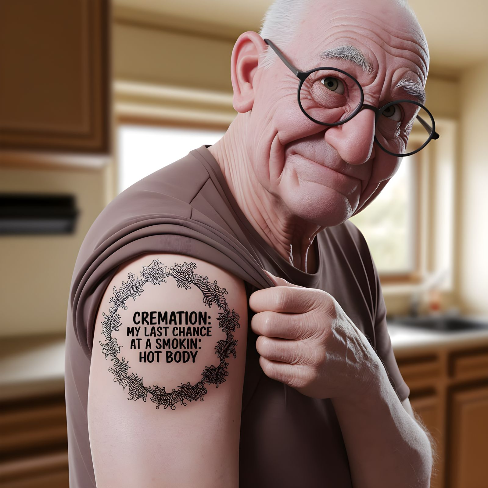 Comical Old Man Winks at Tattoo