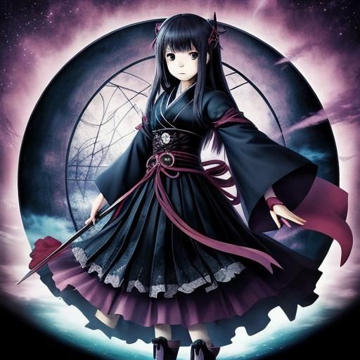 Mysterious Gothic Japanese Woman in Anime Style