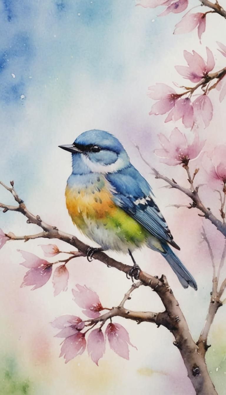 Vibrant Bird on Branch: Watercolour Impression