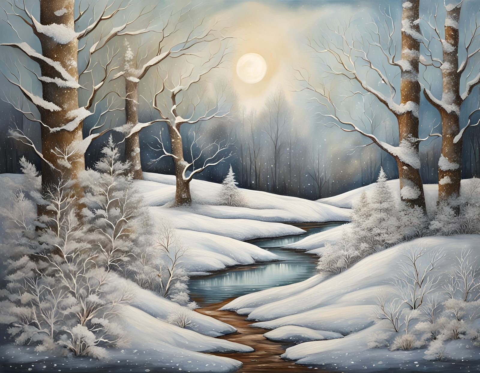 Detailed Mixed Media Painting of Winter Wonderland