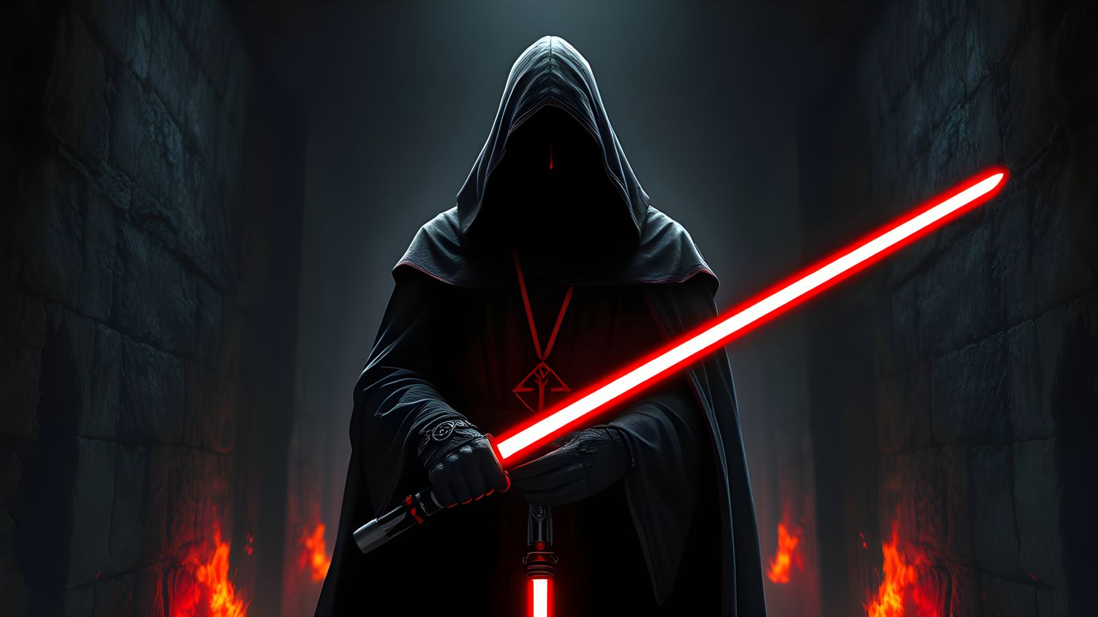 Sith Lord in Ominous Corridor: Dramatic Illustration