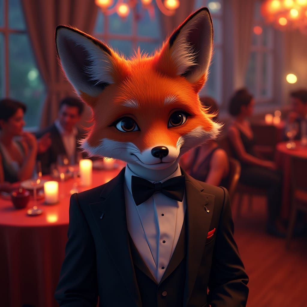 Fox in Tuxedo at Dinner Party in Art Nouveau Style