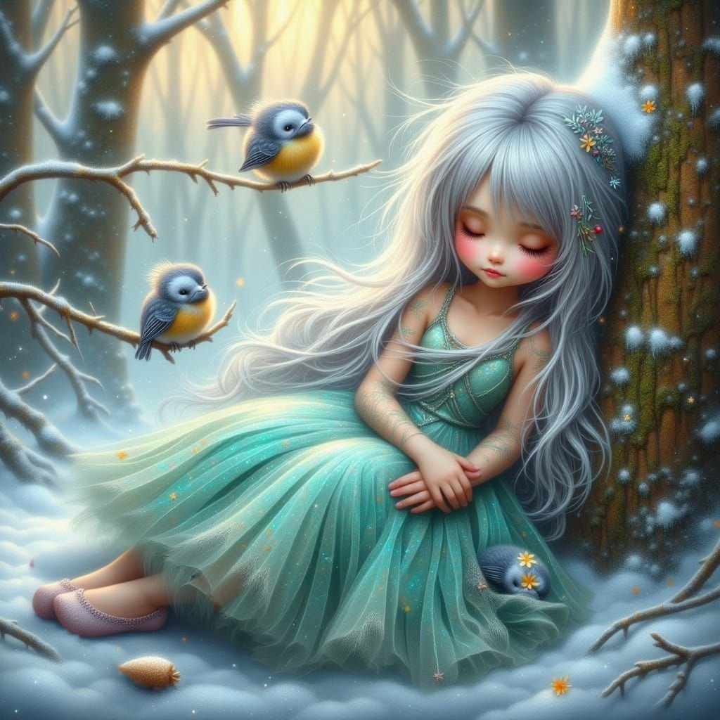 Winter Fairy Child Rests in Snow-Dusted Forest at Dawn
