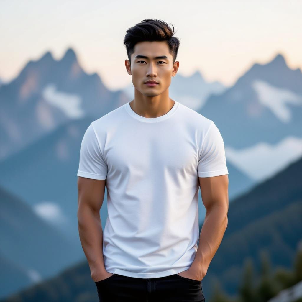 Model Physique Man Gazing at Misty Mountains