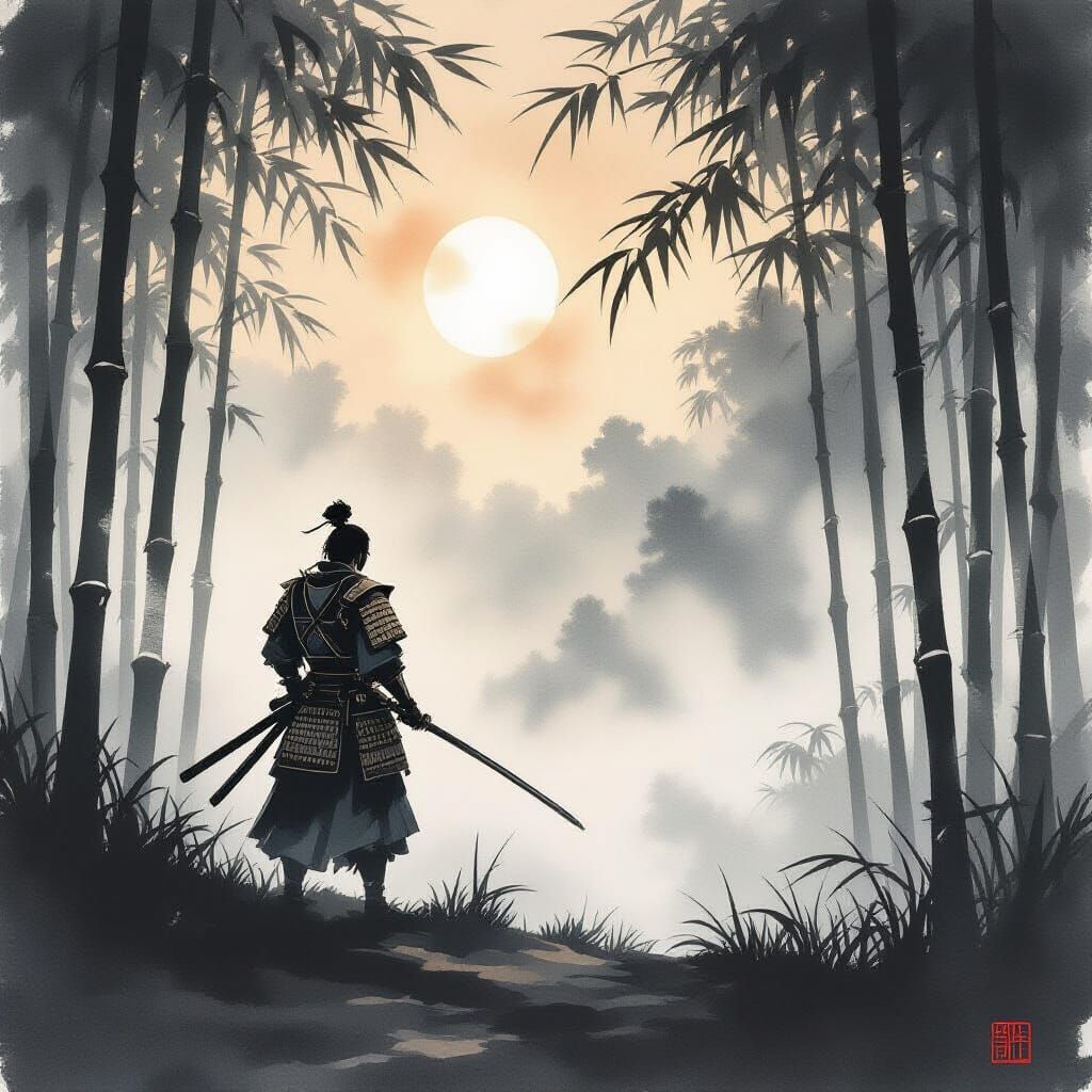 Samurai Warrior in Misty Bamboo Forest, Japanese Ink Wash St...