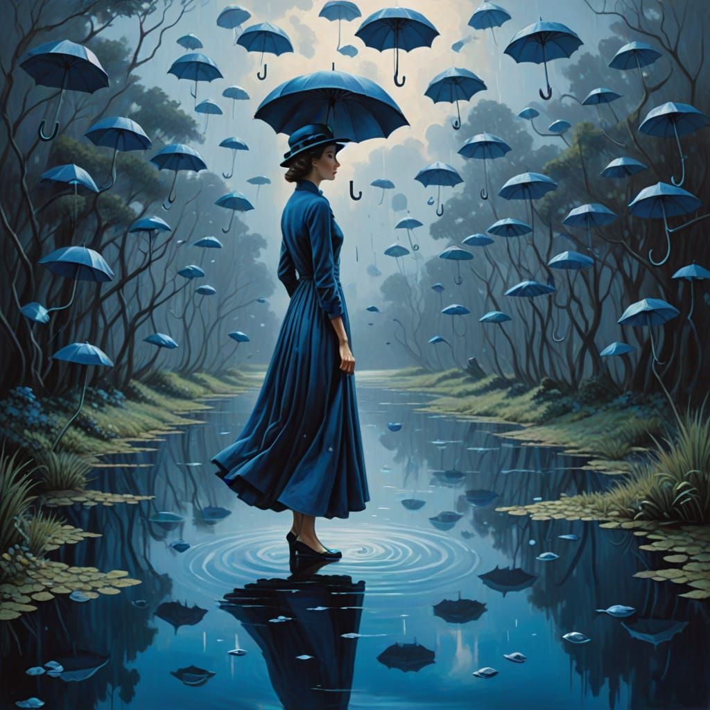 Surreal Woman with Cloud Head on Blue Lake