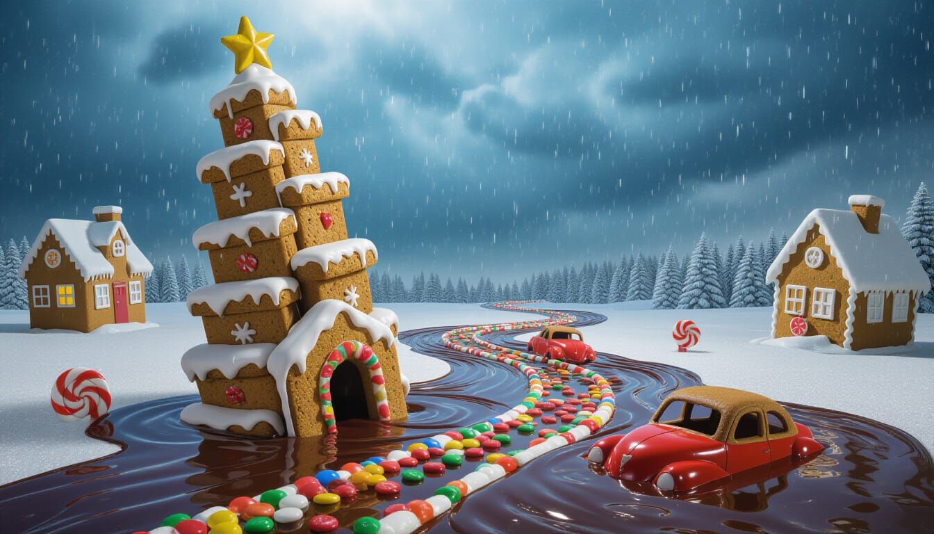 Decaying Candy World Under Stormy Sky