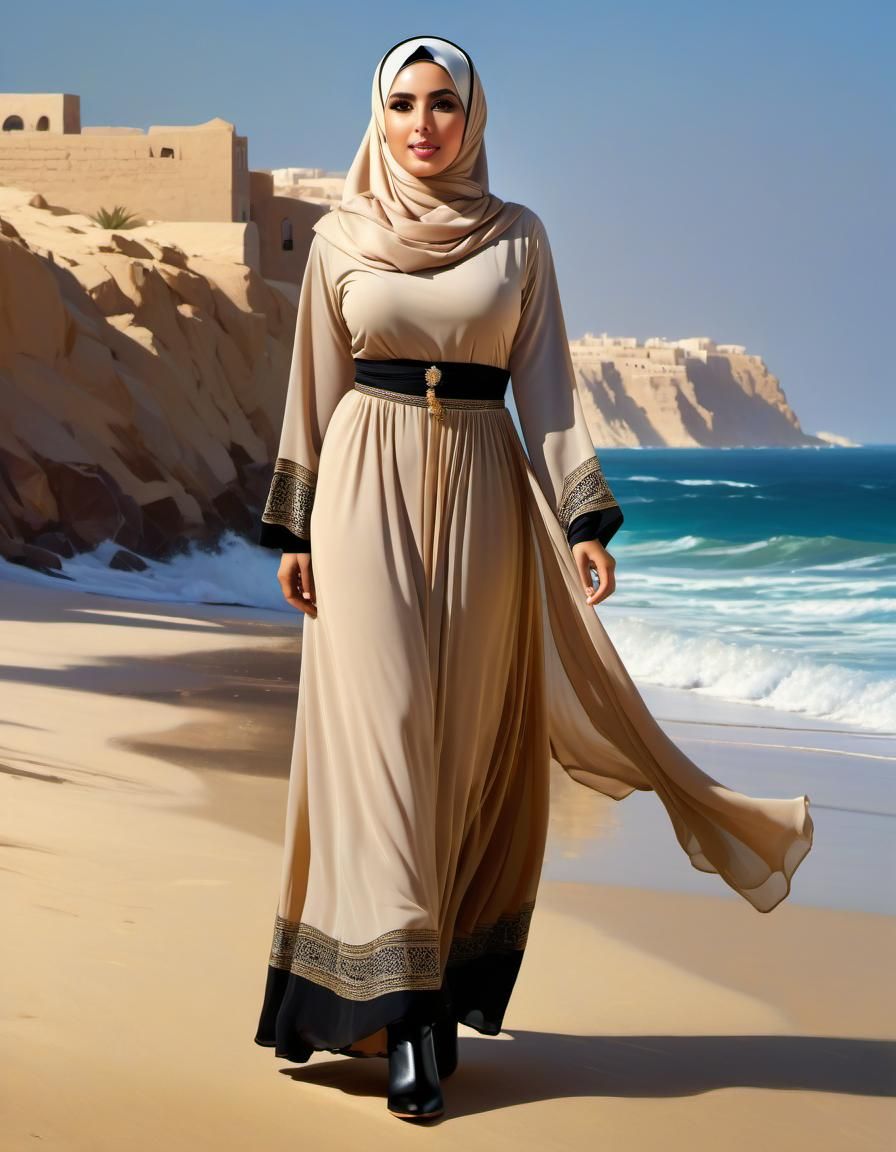 Middle Eastern Woman in Hijab on Seashore