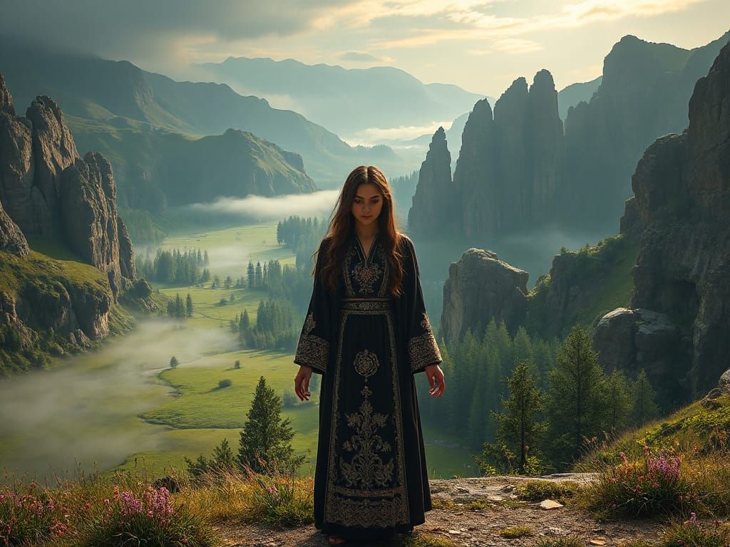 Mystical Orthodox Landscape with Summoner in Traditional Att...
