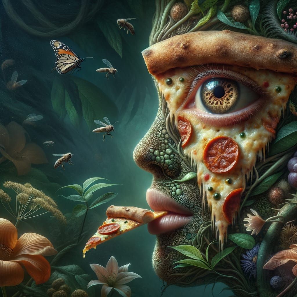 Surrealist Portrait of a Woman and Pizza in Tropical Bloom