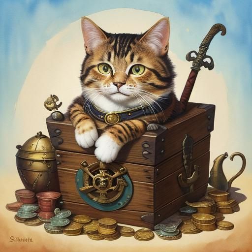 Whimsical Pirate Cat Portrait in Watercolor Style