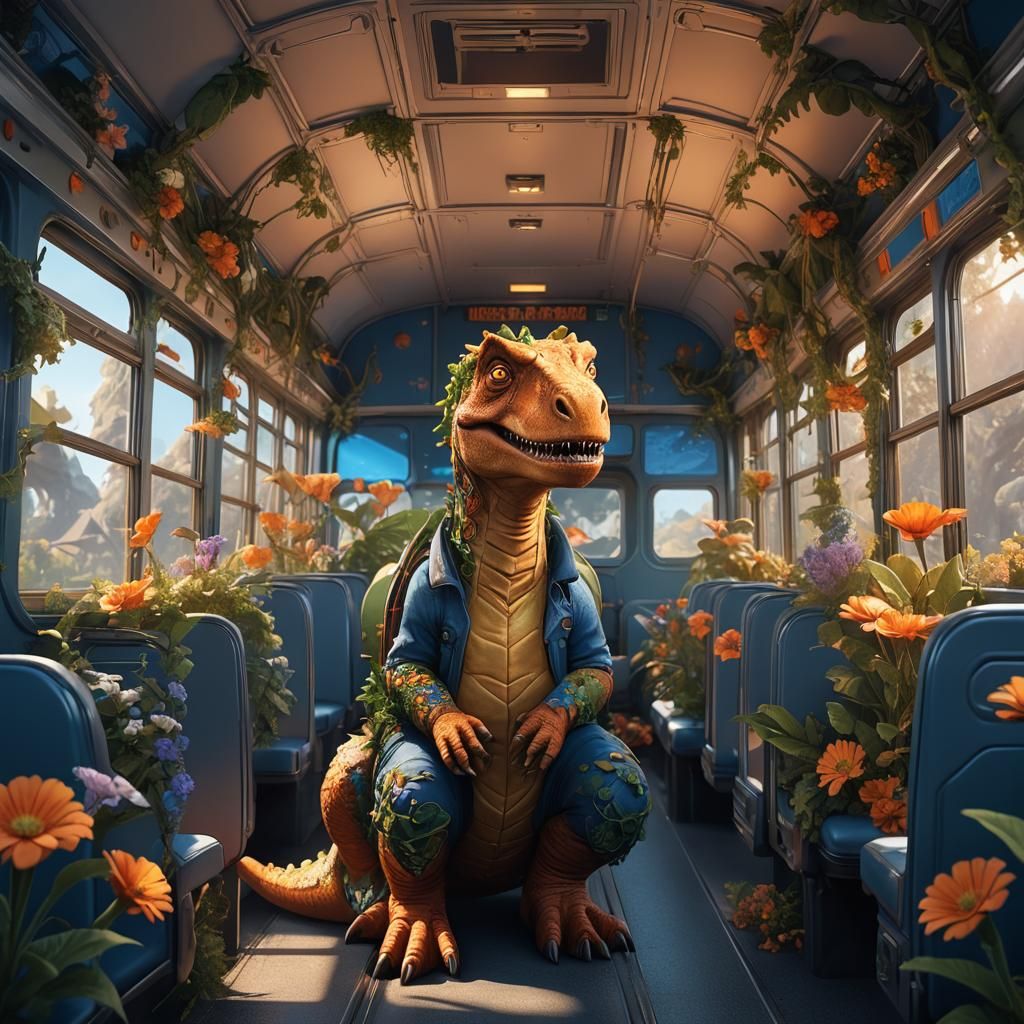 Dinosaur on School Bus in Fantasy Art Style