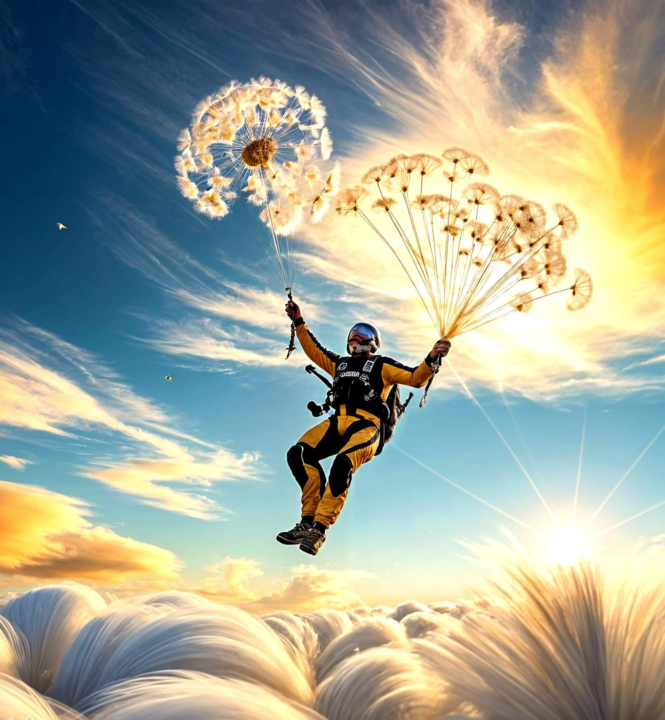 Dandelion Parachute: Skydiver in Golden Hour Light