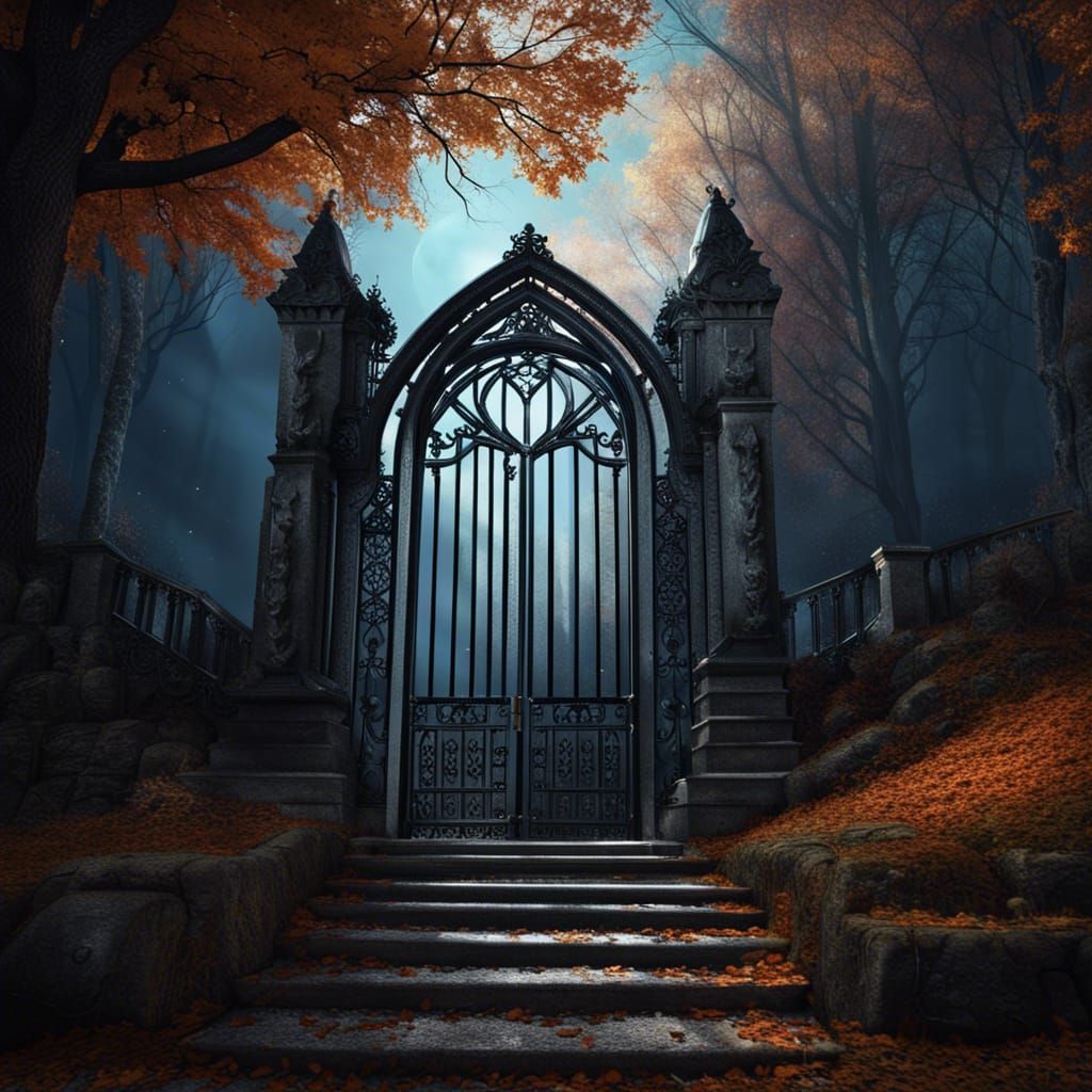 Eerie Gothic Cemetery Gate in Autumn Moonlight