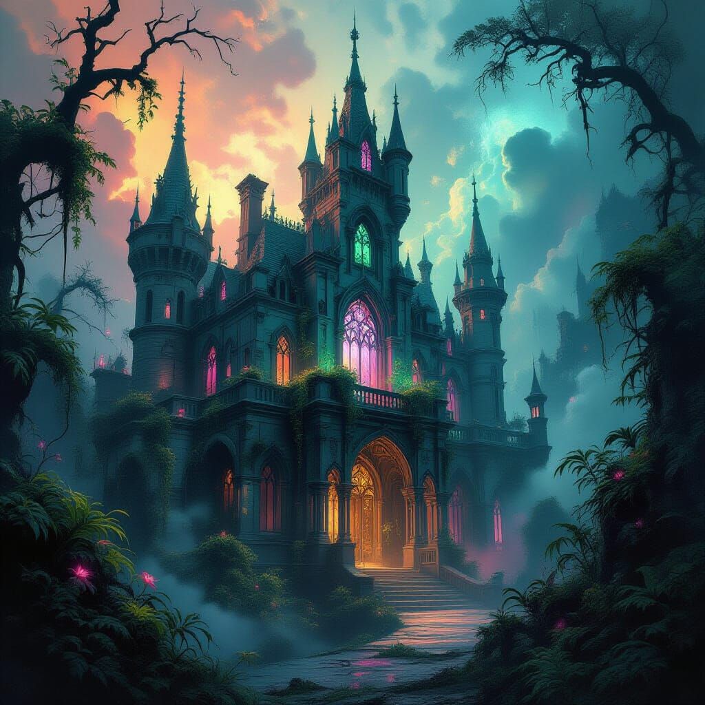 Gothic Castle Overrun by Alien Jungle in Splash Art Style