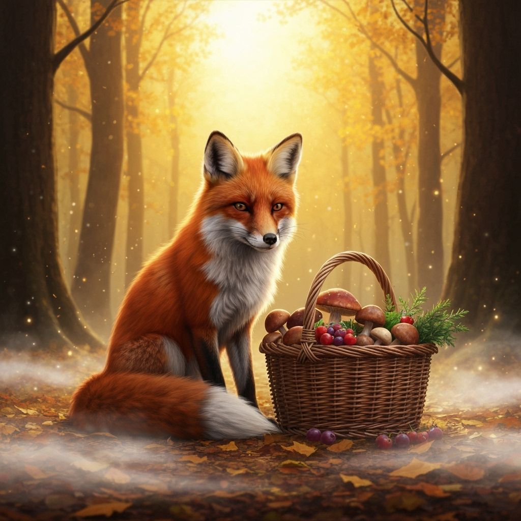 Red Fox with Harvest Basket in Golden Autumn Forest at Dawn