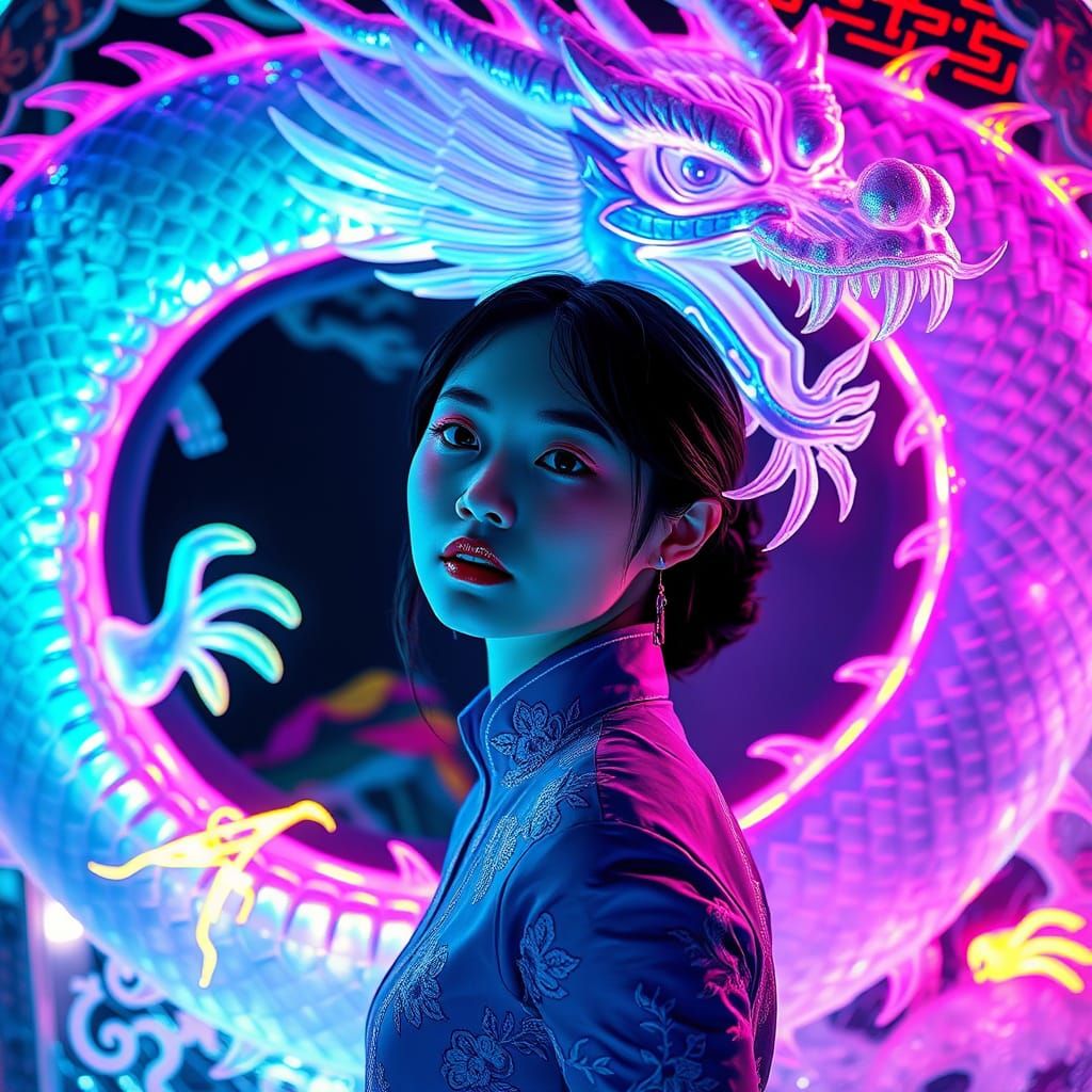 Ethereal Asian Goddess in Neon-Lit Dreamscape