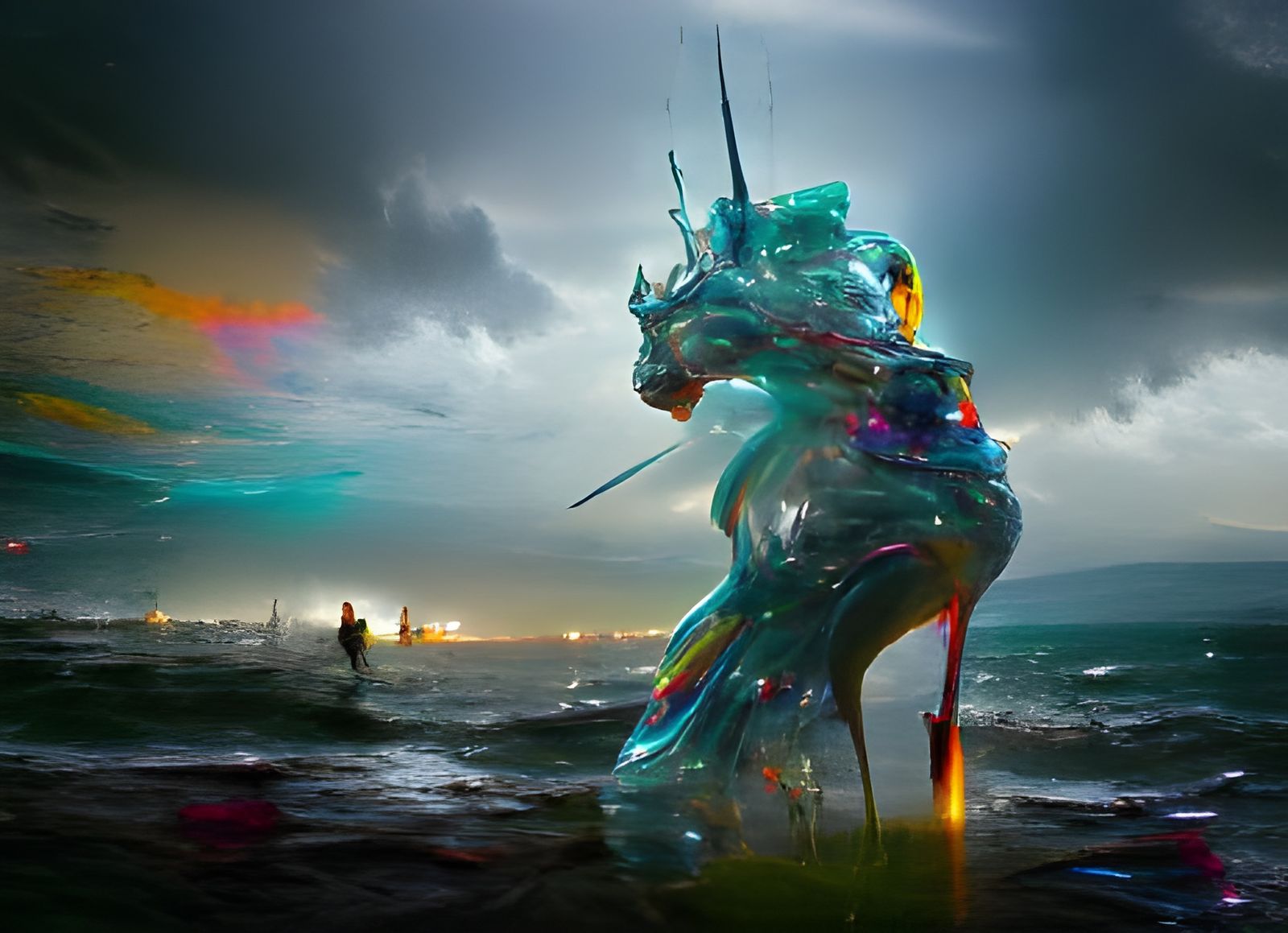 Glass Unicorn Sculpture at Stormy Dusk