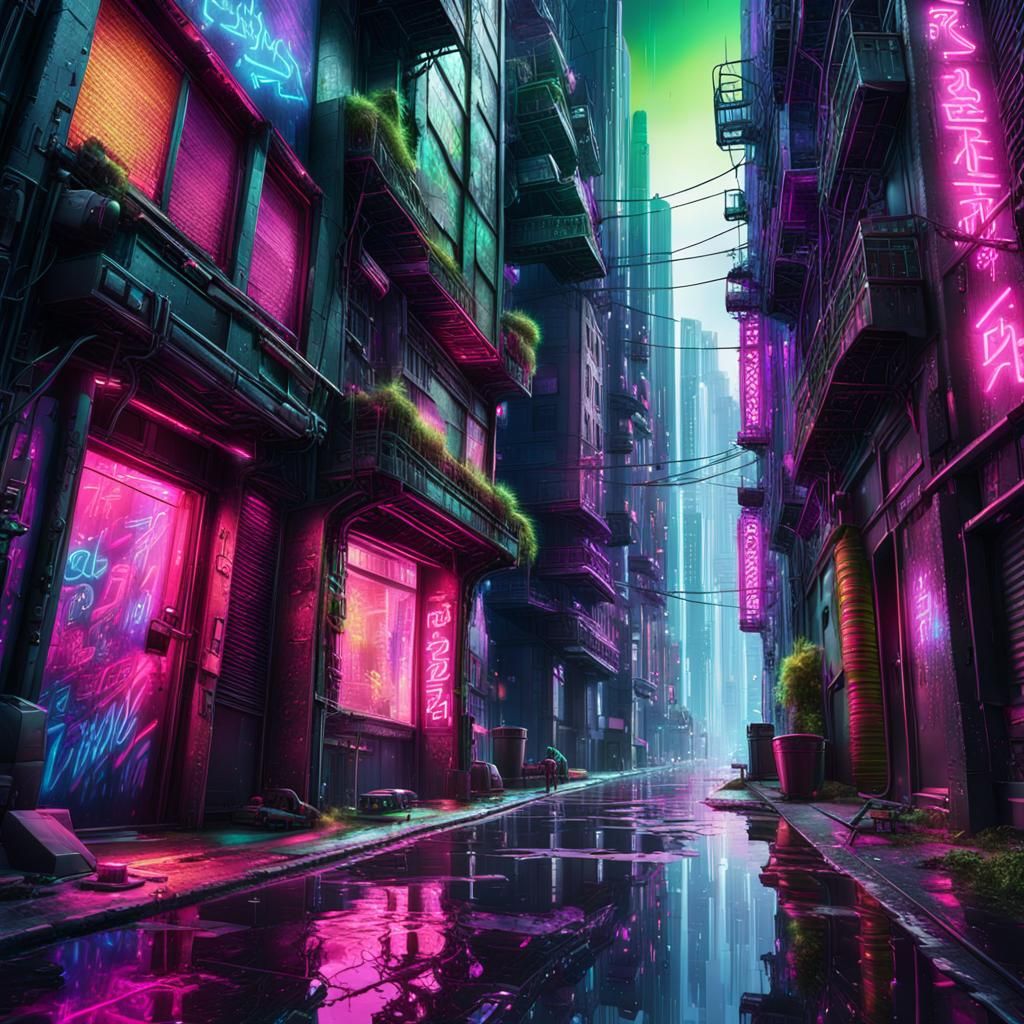 Neon Graffiti in Cyberpunk Alleyway Digital Painting
