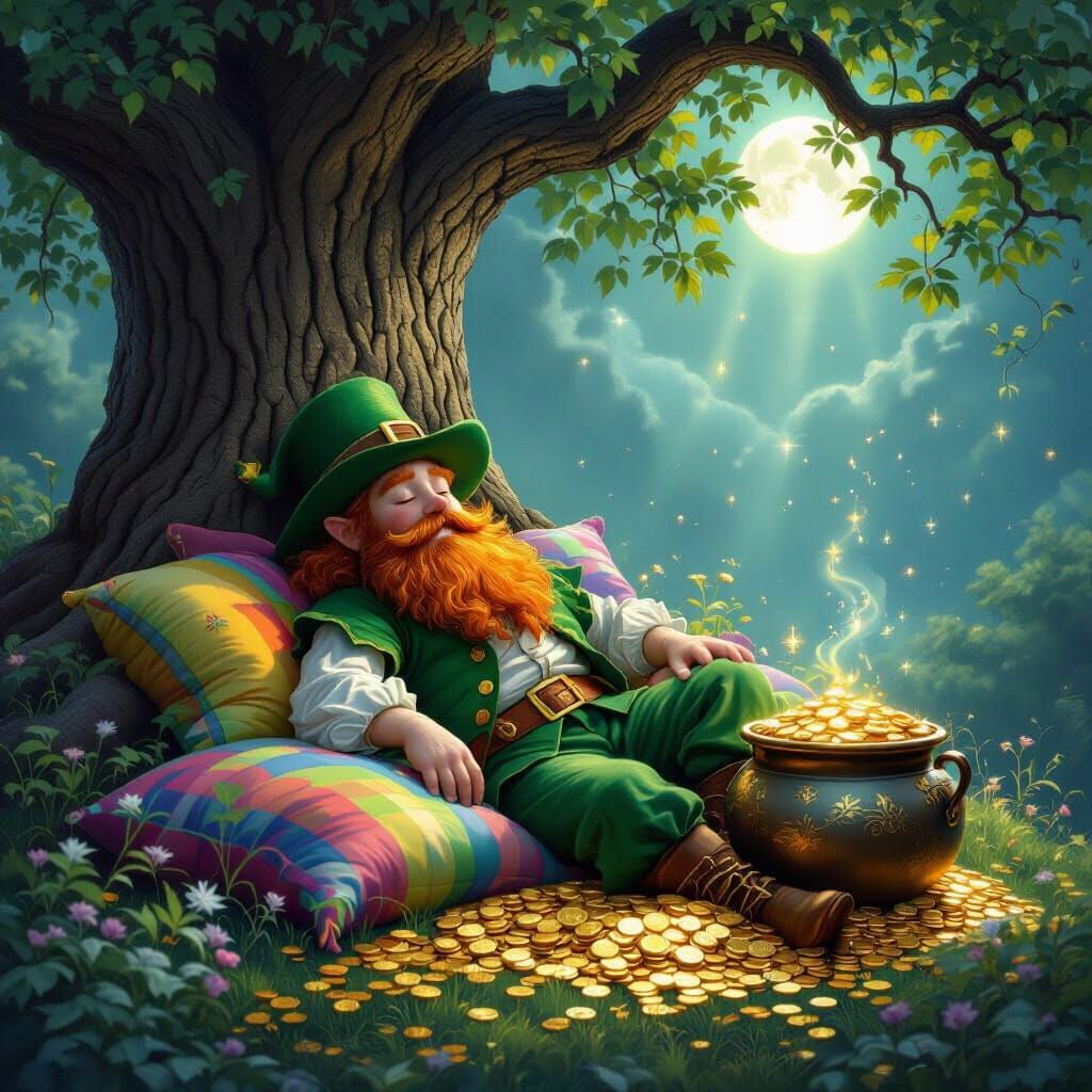 Leprechaun's Moonlit Slumber Under Oak Tree