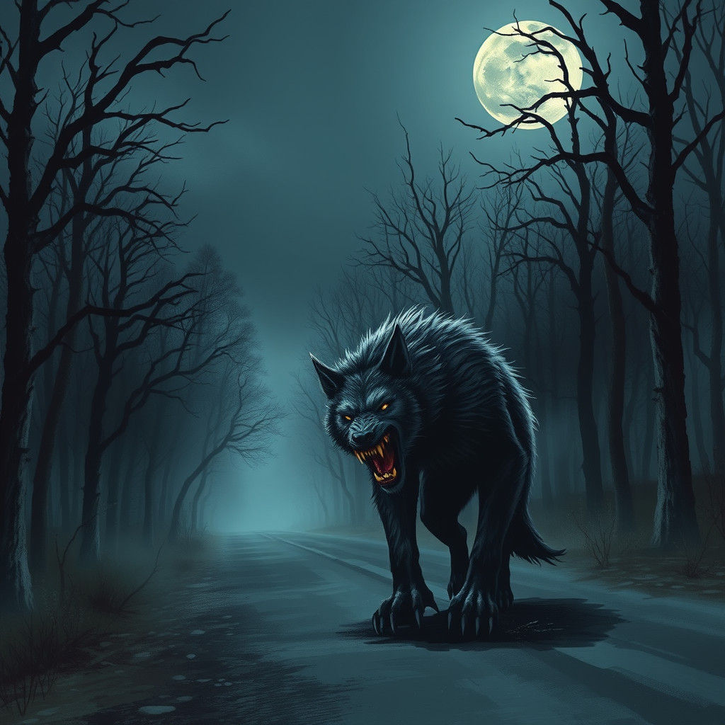 Eerie Werewolf Prowls Misty Forest Road