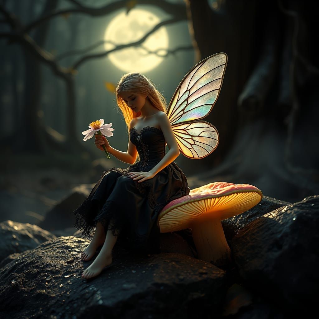 Fairy on Mushroom in Misty Forest at Night