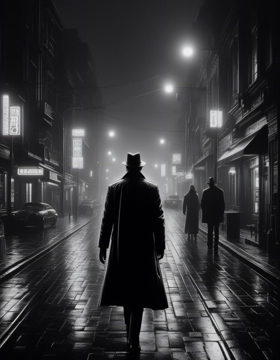 Neon Noir: Hyperrealistic Cityscape in Film Noir Style