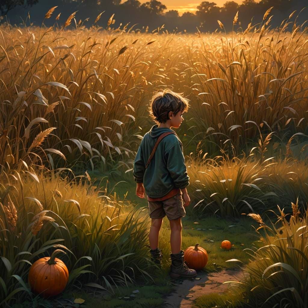 Boy and Gourd in Dusk Field: Fantasy Concept Art