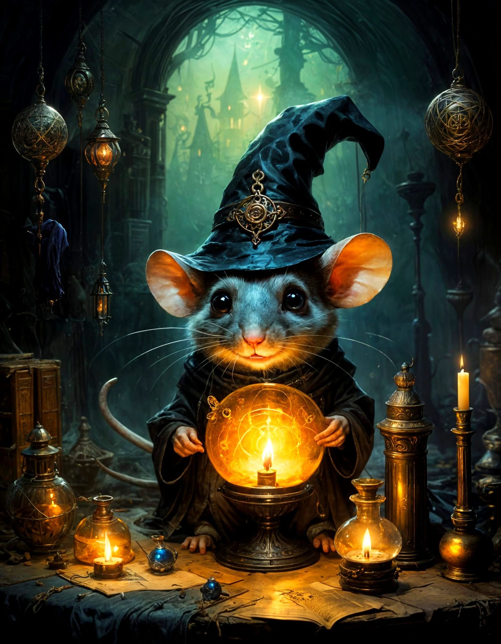 Enchanted Apothecary Interior with Mouse, Expressive Brushwo...