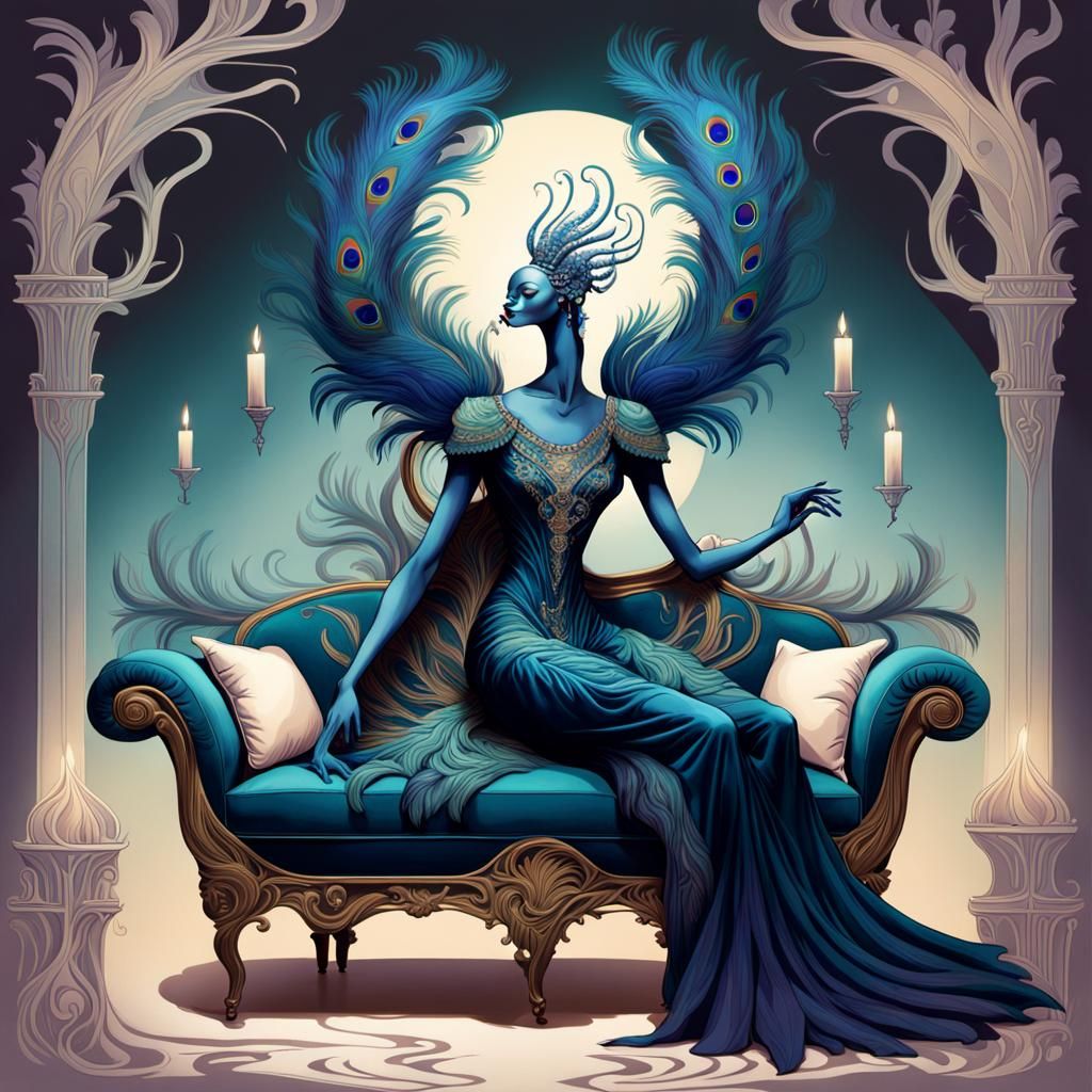 Art Nouveau Androgynous Figure with Peacock Feathers