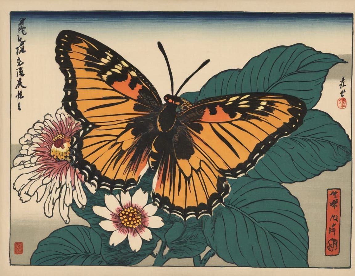 Butterfly and Flower: Shin-hanga Style Block Print