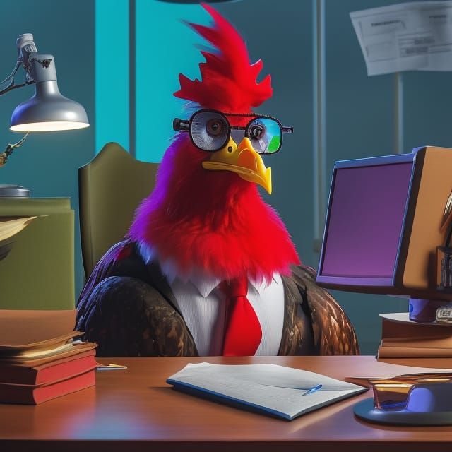 Cartoon Chicken Boss in Office, Gary Larson Style