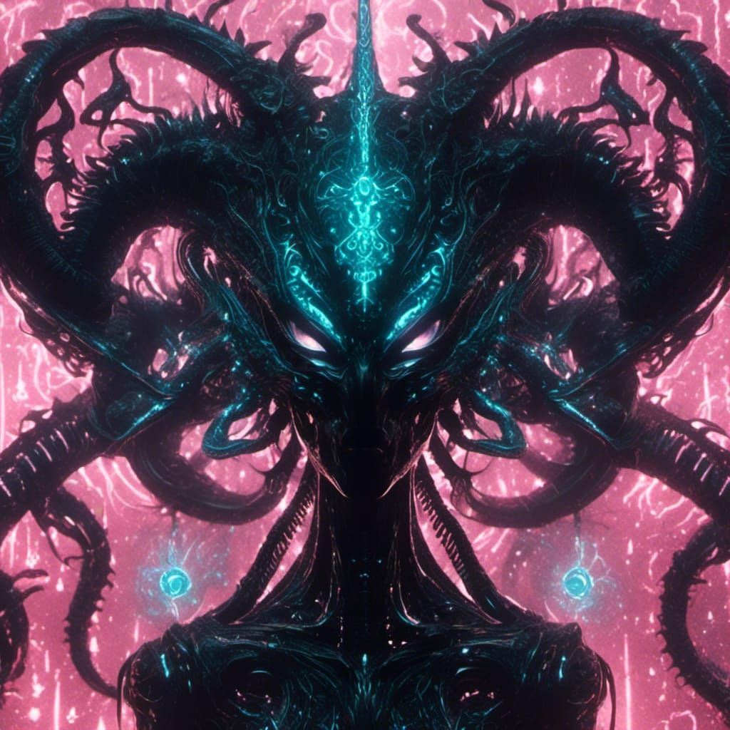 Dark Xenomorph with Glowing Runes and Celestial Scene