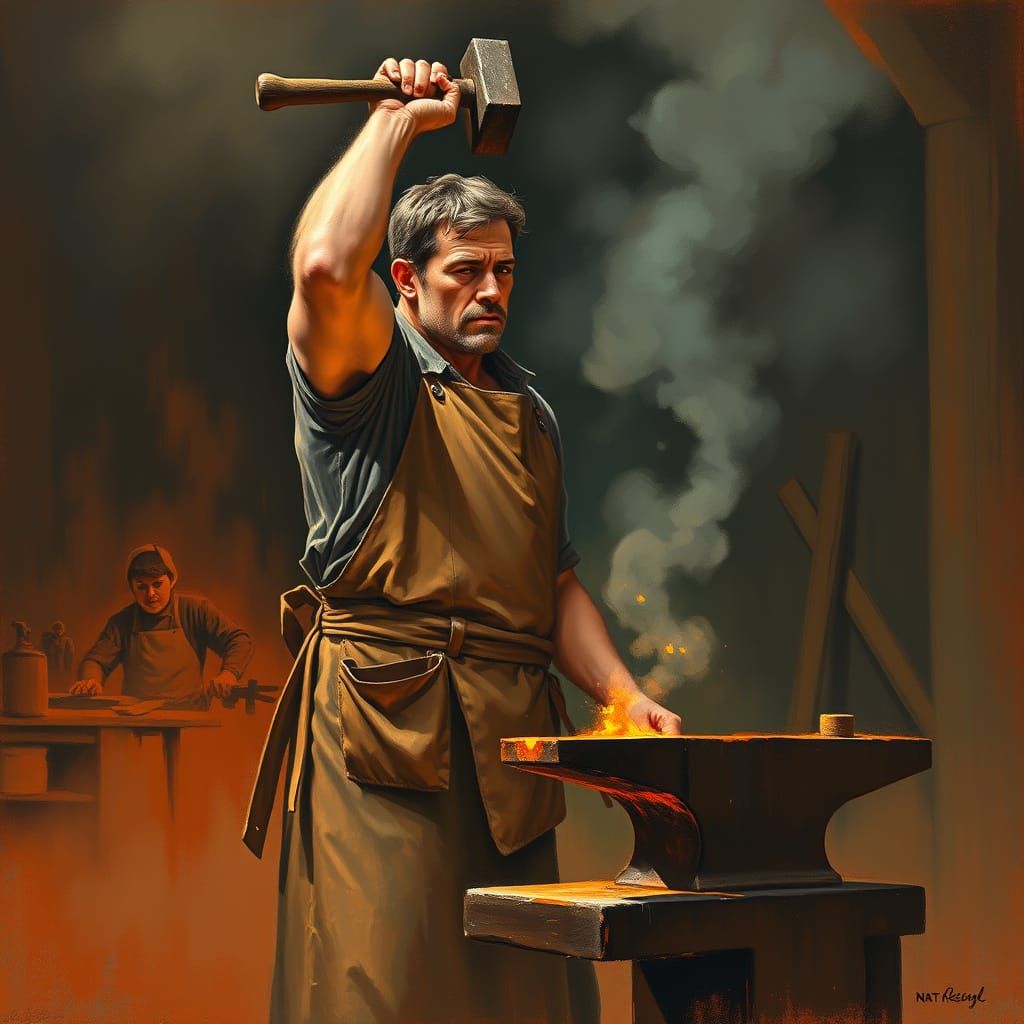 Impressionist Oil Painting of a Muscular Blacksmith in Actio...